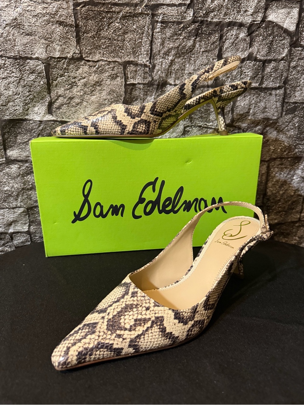 Sam Edelman Beige and Black Snake-Print Slingback Pumps